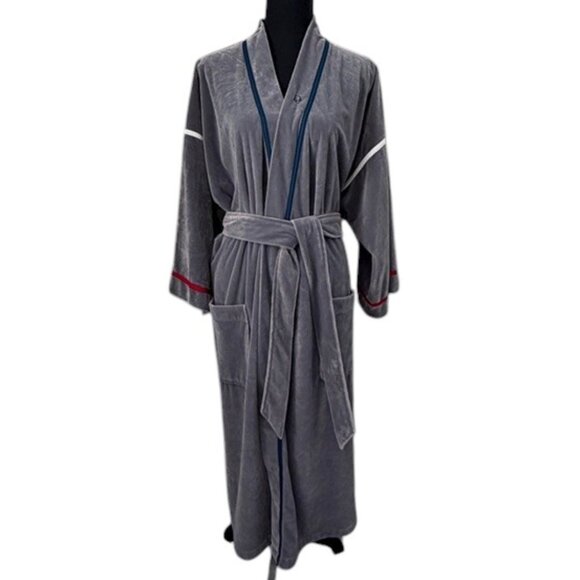 CHRISTIAN DIOR Vintage 80s Grey Velvet Velour Belted Robe One Size - Picture 1 of 11